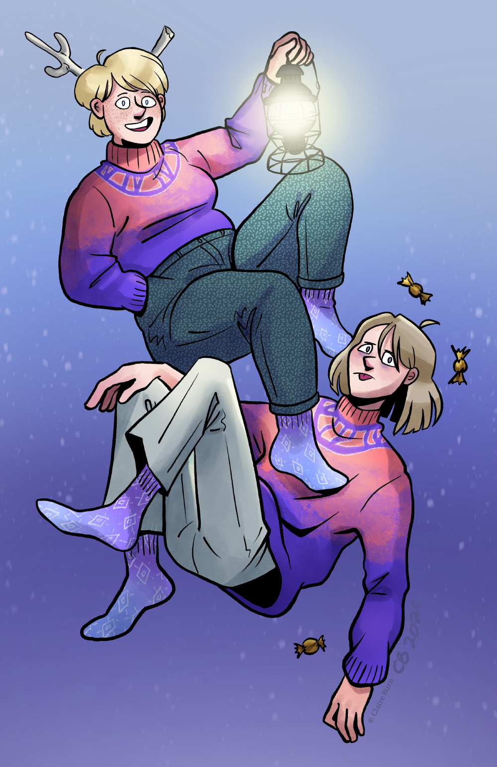 Freya and Corin are sitting/floating in front of a purple/blue gradient background. Freya, holding a lantern, is happy, while Corin, whom Freya is stepping on, is displeased.
