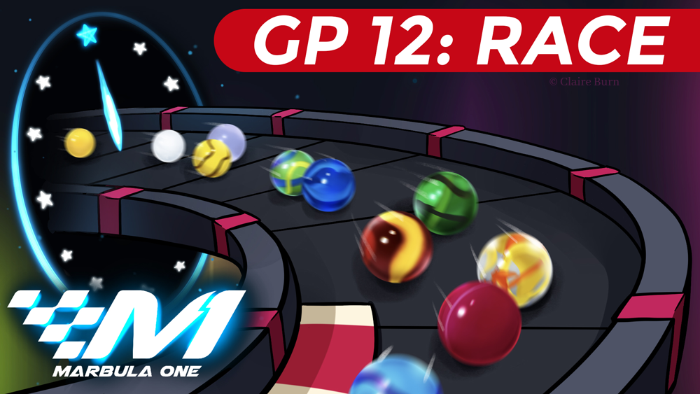 Thumbnail for Marbula One GP 12: Race. Marbles are racing on a circuit track through a luminescent clock whose hands point to midnight.