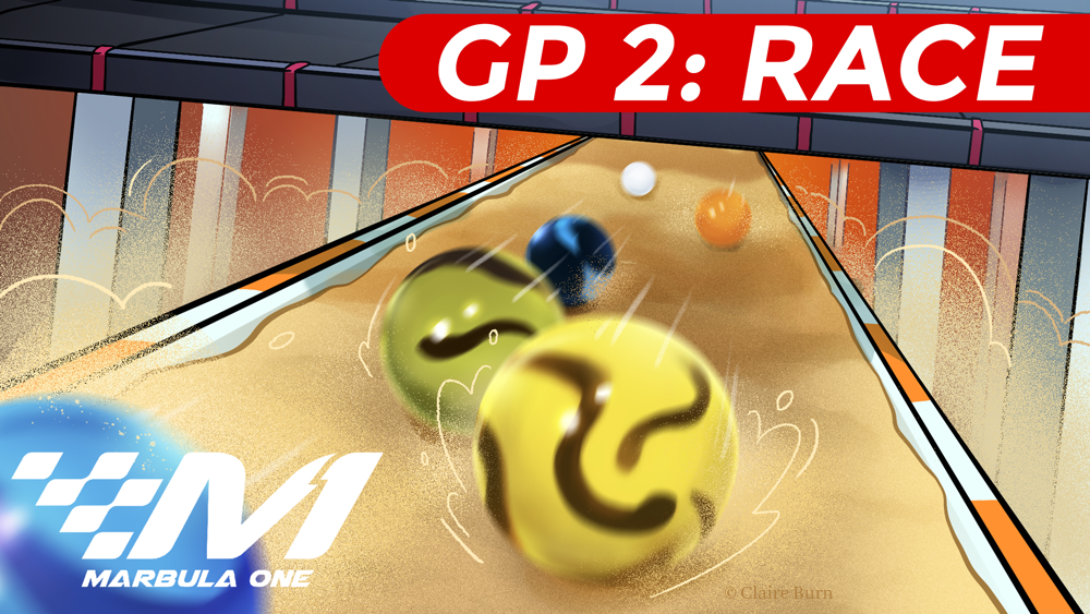 Thumbnail for Marbula One GP 2: Race. Marbles race on a sand track.