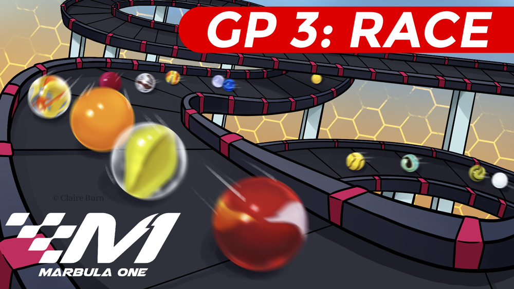 Thumbnail for Marbula One GP 3: Race. Marbles race down a twisty circuit track, with a honeycomb patturn in the background.