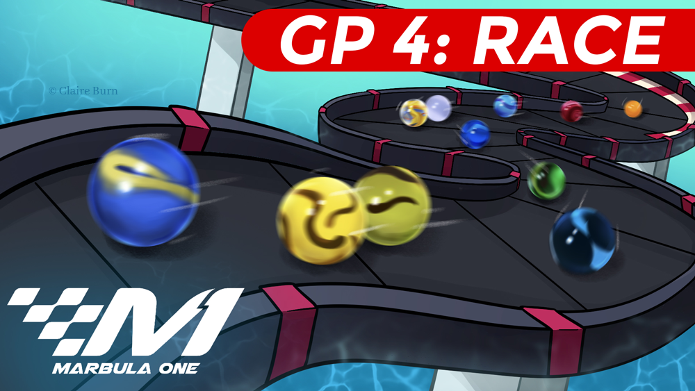 Thumbnail for Marbula One GP 4: Race. Marbles race on a W-shaped track, water reflecting in the background.