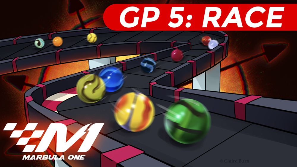 Thumbnail for Marbula One GP 5: Race. Marbles race on a circuit track that is illuminated by a large, glowing chaos symbol in the background.