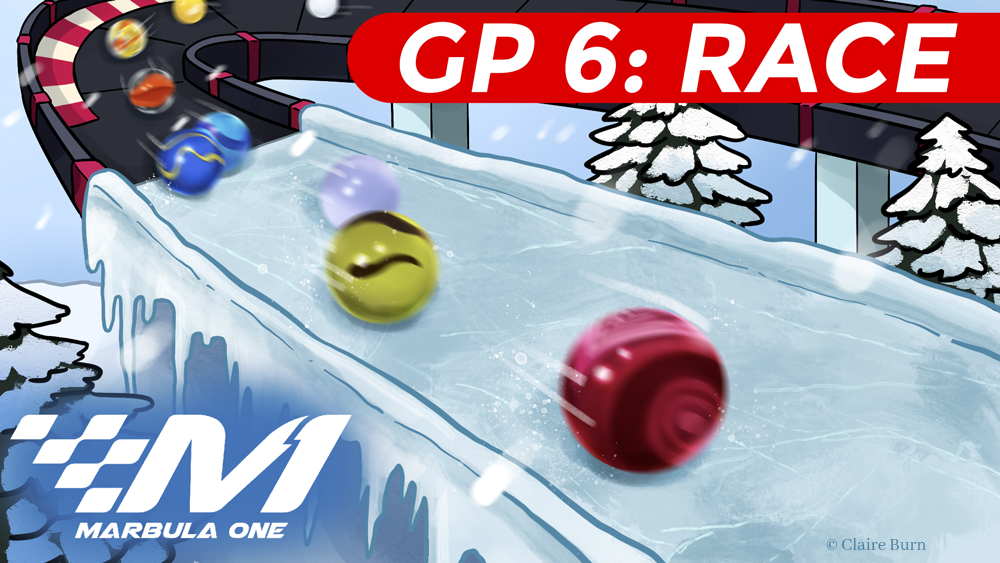 Thumbnail for Marbula One GP 6: Race. Marbles race on a circuit track with an ice bridge as it snows, surrounded by snowy evergreen trees.