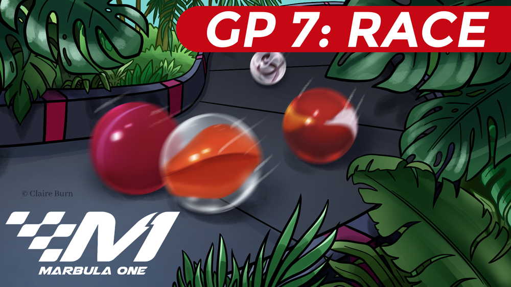 Thumbnail for Marbula One GP 7: Race. Marbles race on a circuit track surrounded by lush jungle plants.