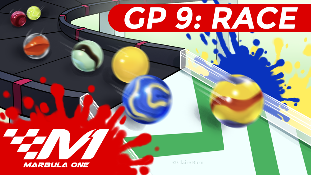 Thumbnail for Marbula One GP 9: Race. Marbles race down a green and white ramp, with splotches of paint in the background.
