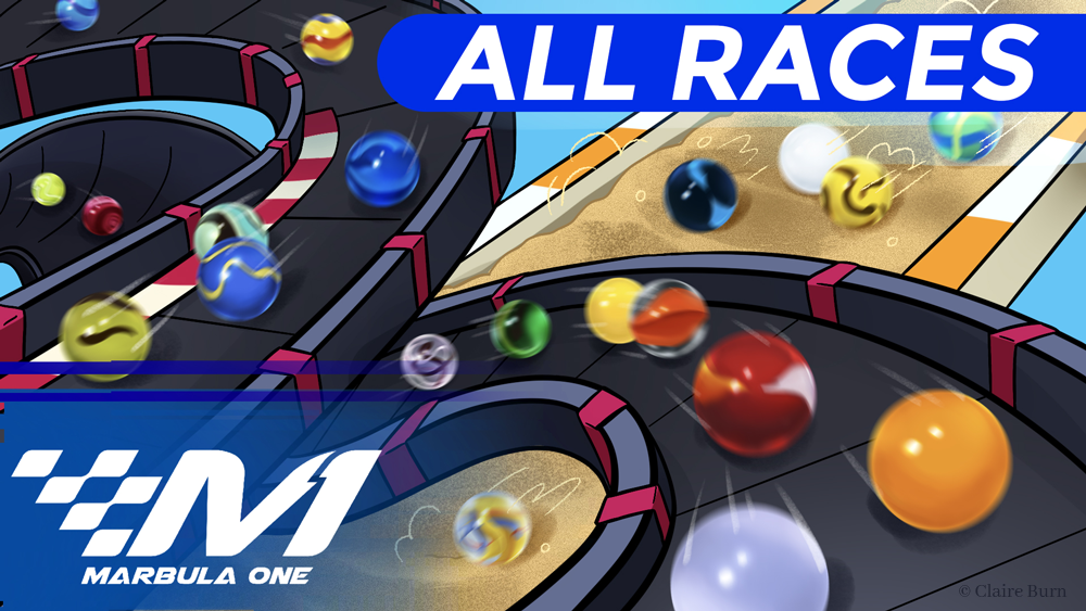 Thumbnail for Marbula One Season 2: All Races. Marbles are shown racing on three different circuit tracks.