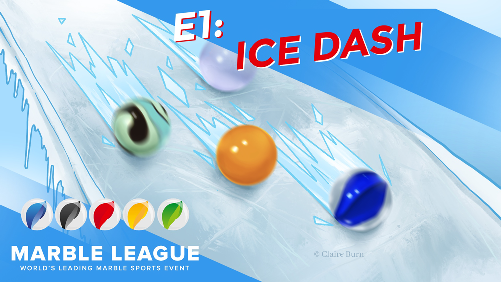 Thumbnail for Winter Marble League: Ice Dash. Marbles are on an ice track with ice shards behind them.