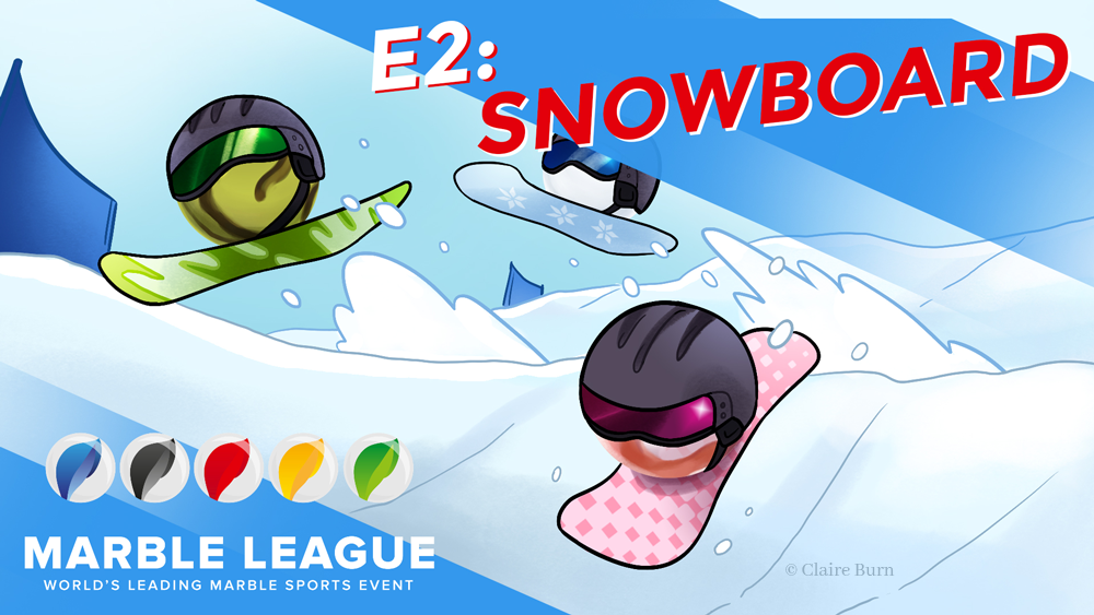 Thumbnail for Winter Marble League: Snowboard Cross. Marbles are on snowboards racing down a sloped course.