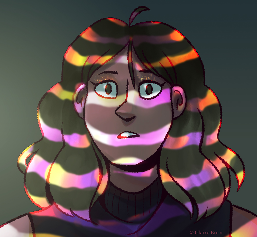 Bust drawing of a girl facing forward. Multicolord lights are projected onto her face as if coming through blinds.