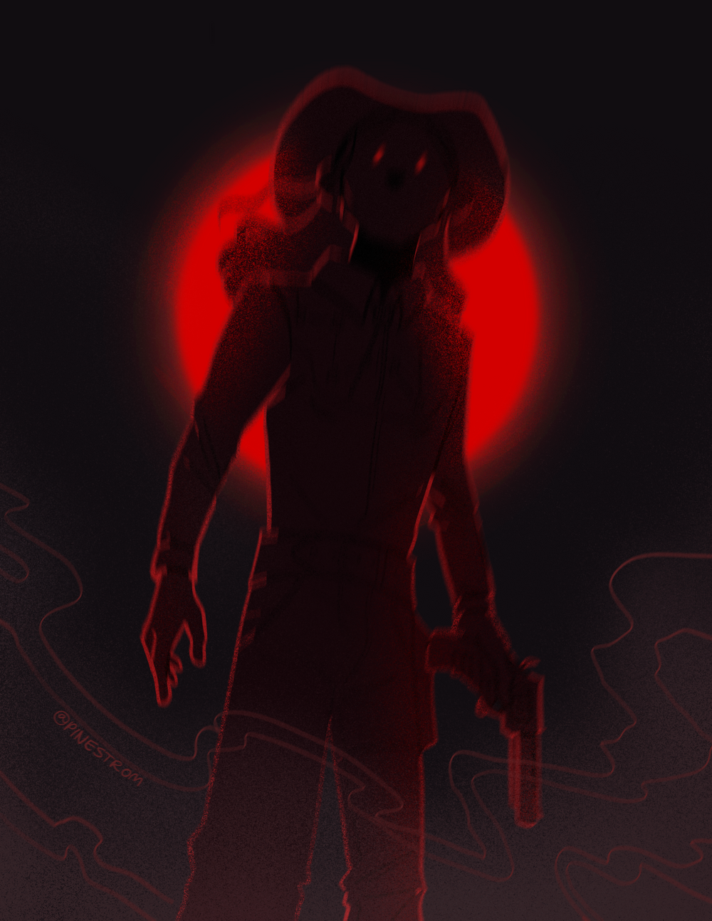 Silhouette of a cowboy with a gun, lit from behind by a red moon.