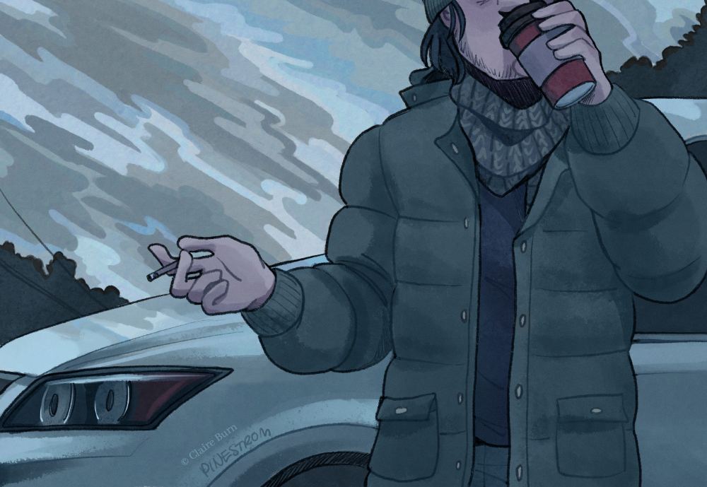 A boy stands by a gray car, drinking a coffee and holding a cigarette in his other hand. The sky behind him is gray and cloudy.