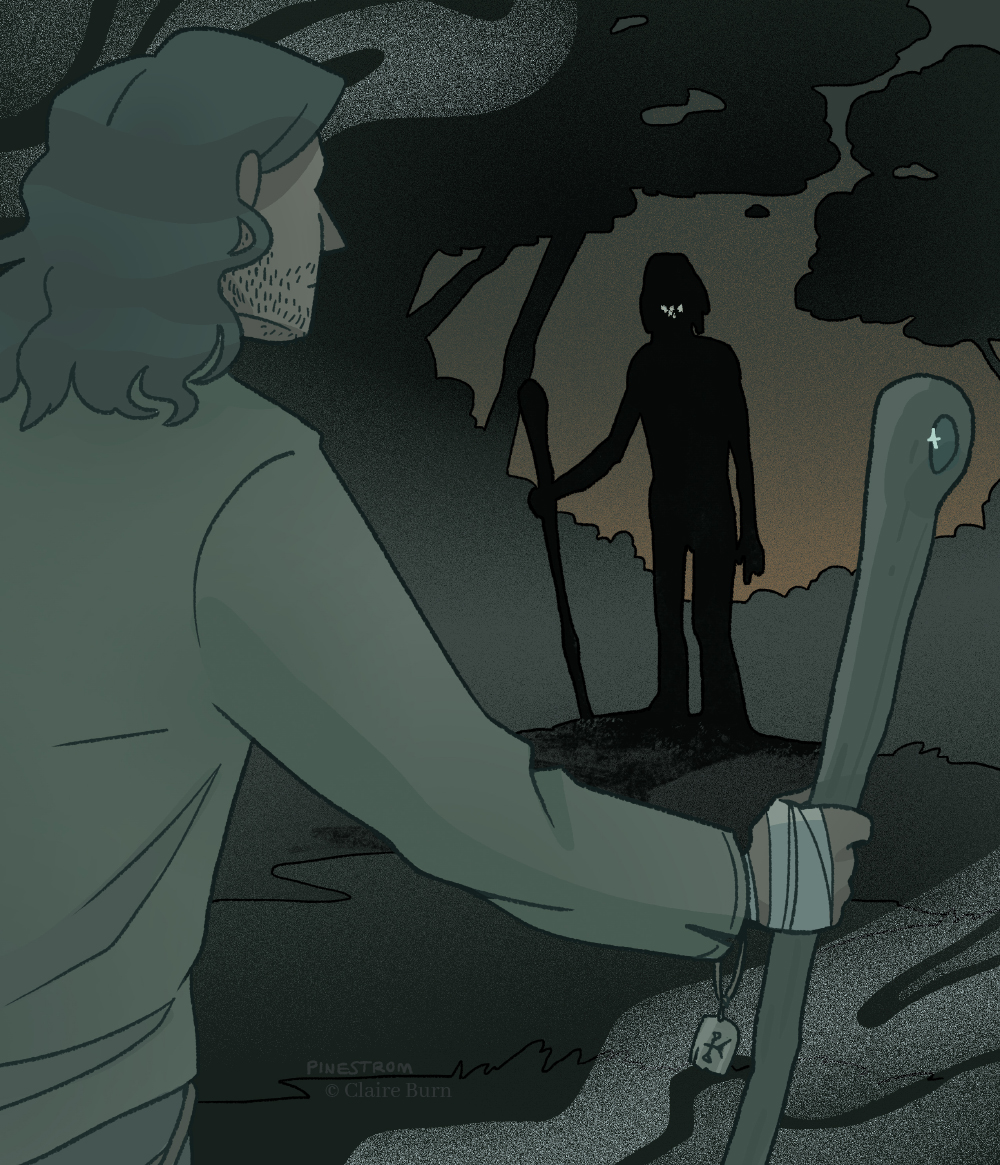 A man with a walking stick, facing away from the viewer, approaches a silhouetted figure that resembles a monstrous version of himself.