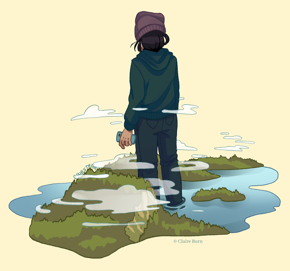 A character, viewed from behind, stands in a miniature lake, towering over the islands and the clouds.