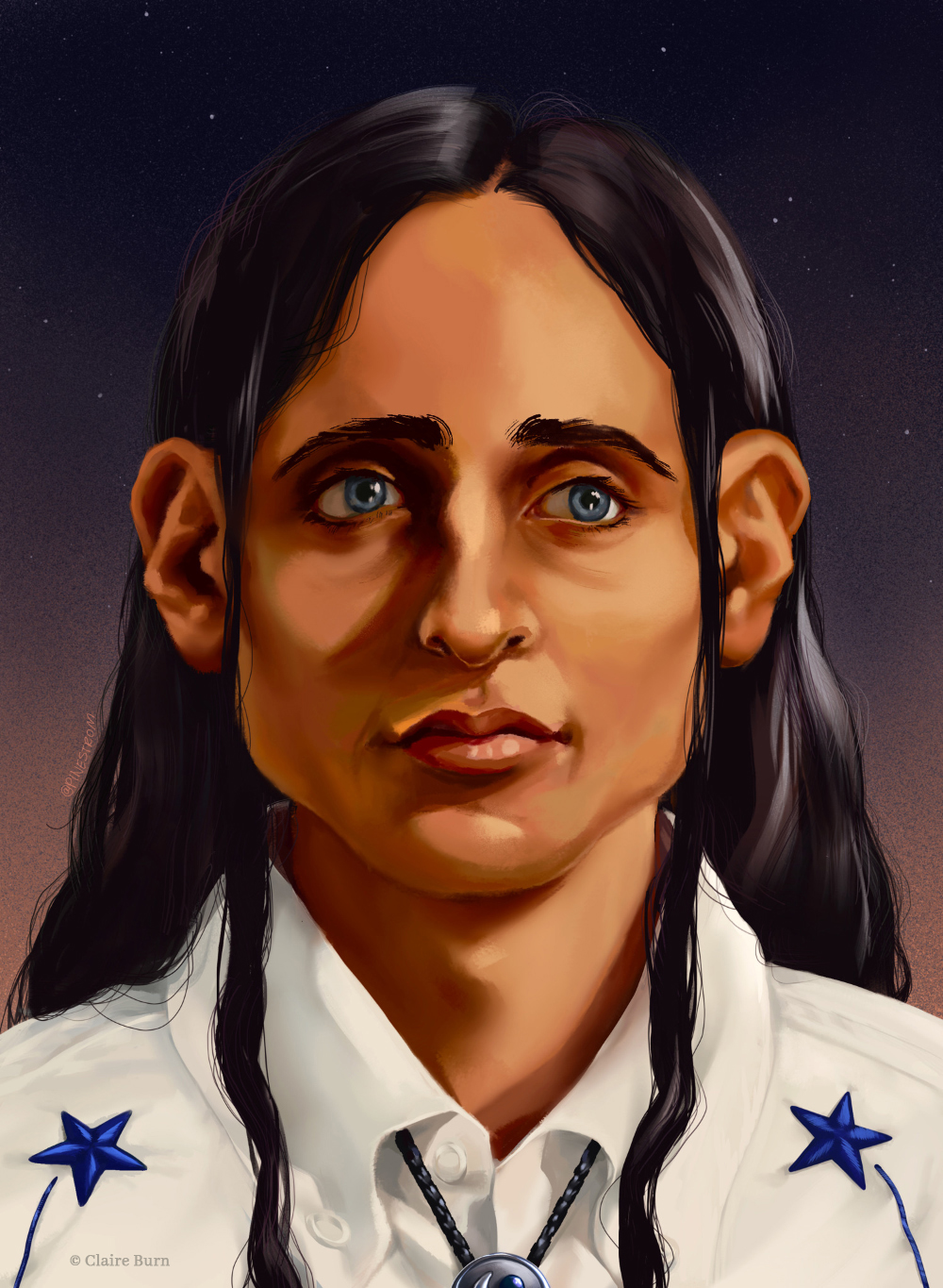 Digital bust portrait of a man with long dark hair and blue eyes, wearing a bolo tie and white shirt with embroidered blue stars.