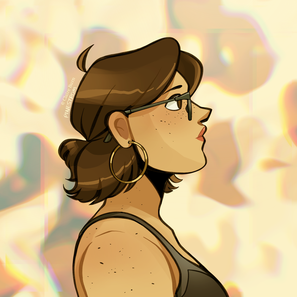 Profile drawing of a person with brown hair, hoop earrings, and freckles, on an abstract warm-colored background.