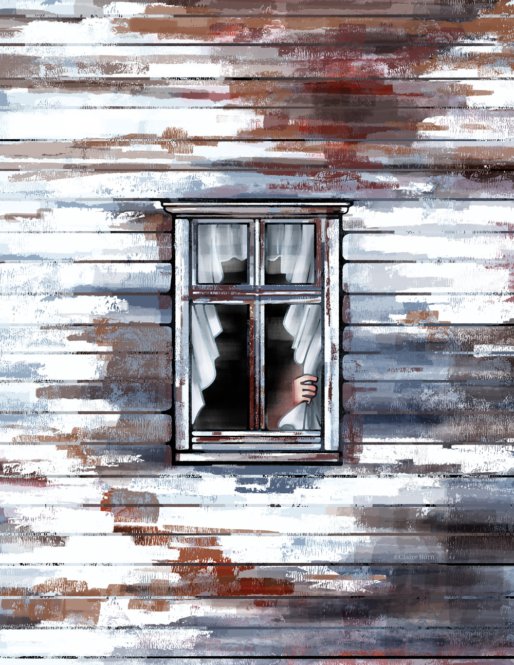 A ghostly hand pulls back the curtain in the window of an abandoned house.