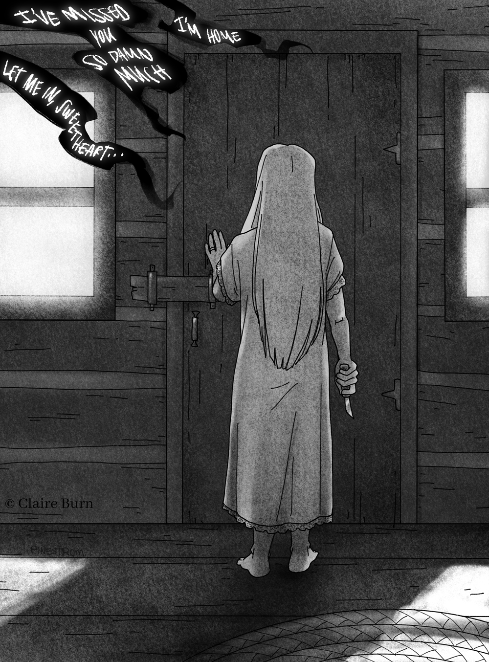 A woman stands facing a door, as an unseen sinister character whispers to her.