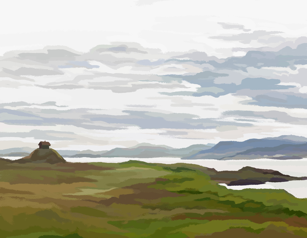 Landscape painting of somewhere in Iceland. The sky is gray and cloudy, and there are mountains in the distance and grassy land in the foreground. A small building sits on a hill.
