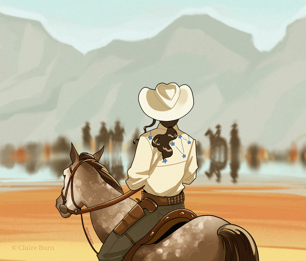 A person on a horse stares at a mirage in the desert that appears as a large group of other men on horseback.