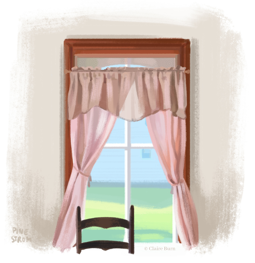 A chair sits in front of a sunny window with pink curtains.