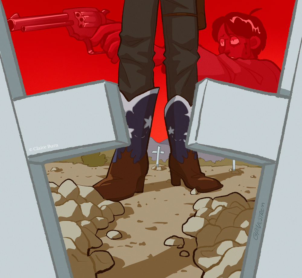 A person wearing cowboy boots, seen only from the legs down, stands in a cemetery, framed by two cross-shaped grave markers in the foreground. In the background, where the sky would be, is a monochromatic red vignette of the same character, but younger, with a frightened expression and pointing a gun at someone unseen.