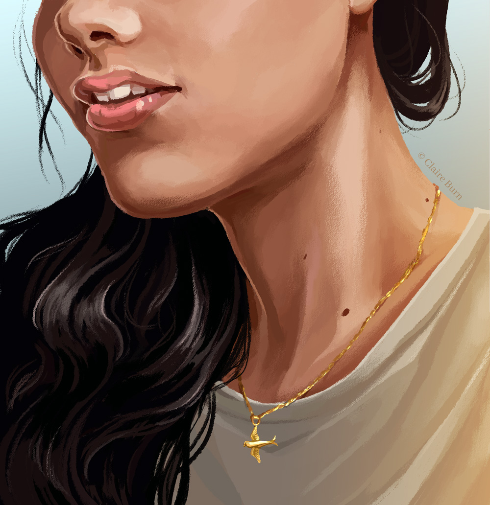 Partial bust portrait of a girl with long, dark hair and a gold necklace with a bird charm.