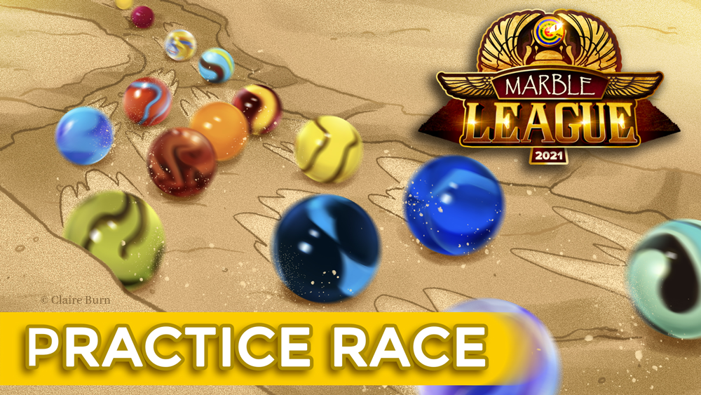 Fifteen marbles race down a sand course.