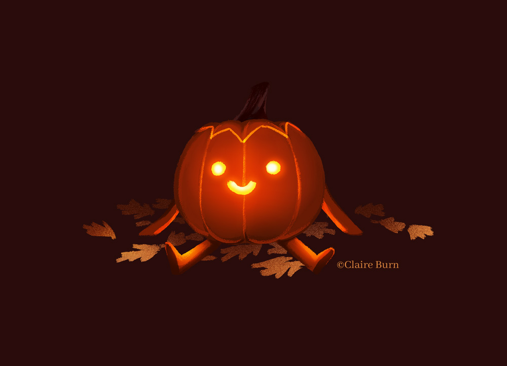 Painting of a cute jack-o-lantern with arms and legs, sitting on a pile of leaves.