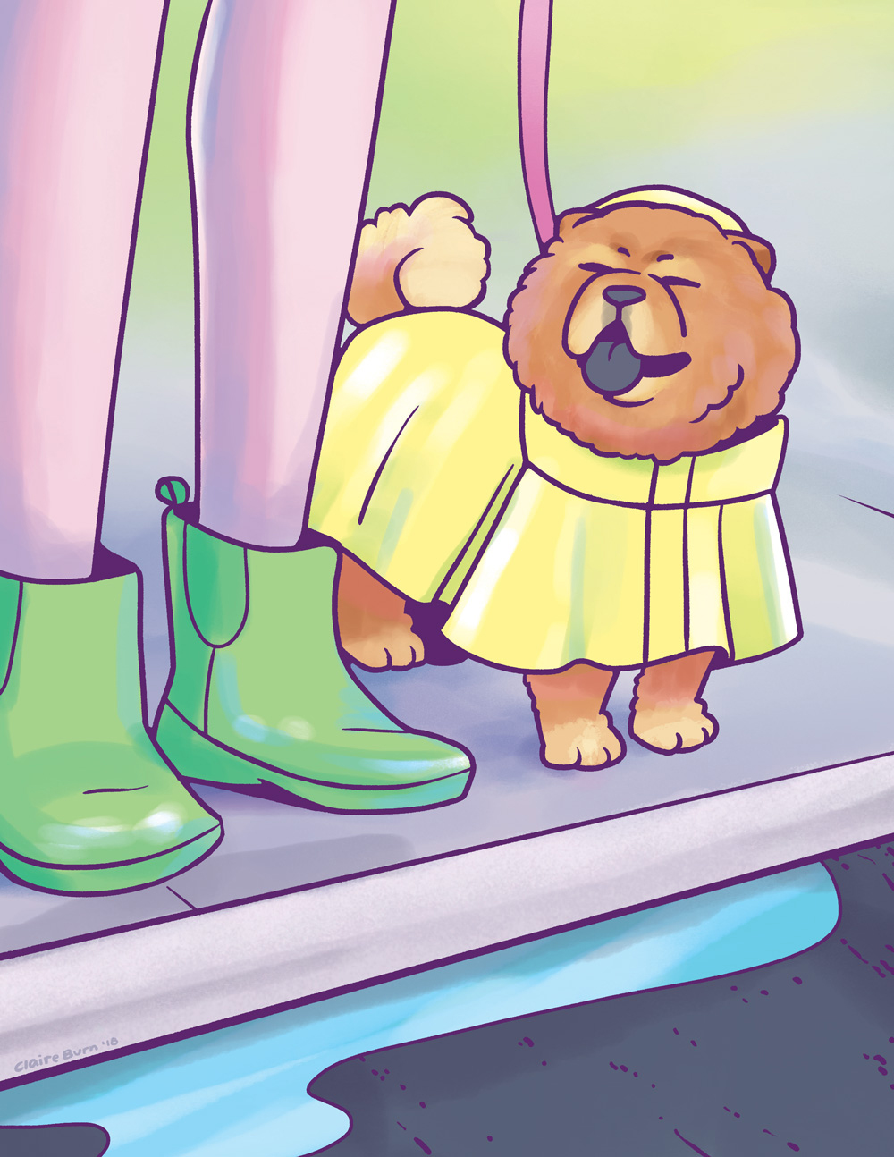 A chow chow puppy in a yellow raincoat, next to its owner, who is wearing green boots.