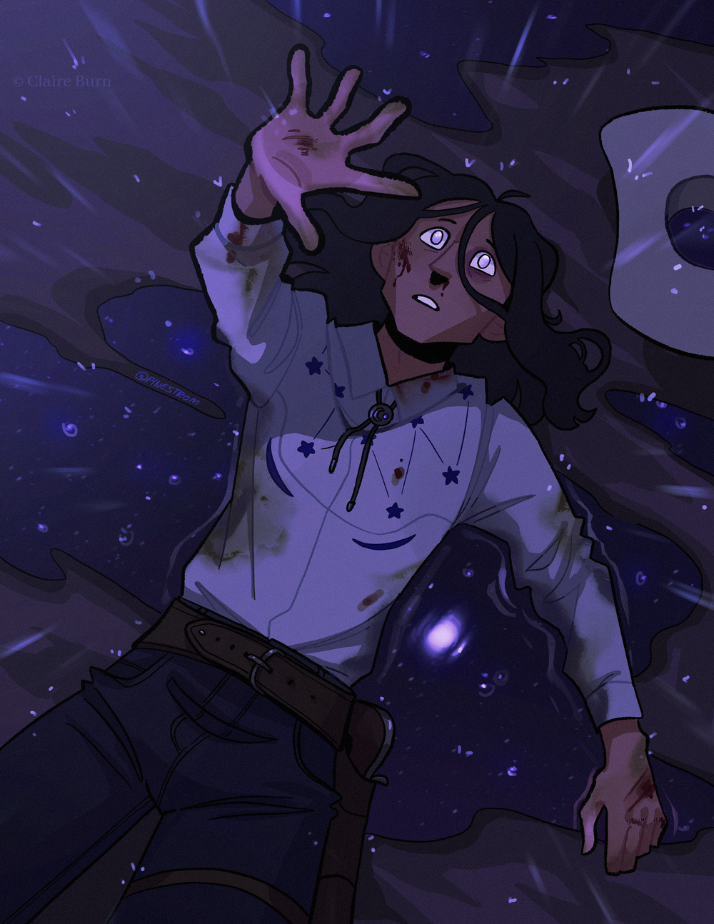 A man dressed in western clothing lies on the ground in a puddle as it rains, reaching up towards the stars.