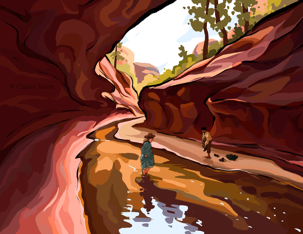 Drawing of two young people by a creek at Red Rock State Park in Arizona. One character, wearing a green Victorian dress and brown hat, is wading the creek, while their friend, who is wearing a white shirt and brown pants, takes their shoes off to wade in the creek as well.