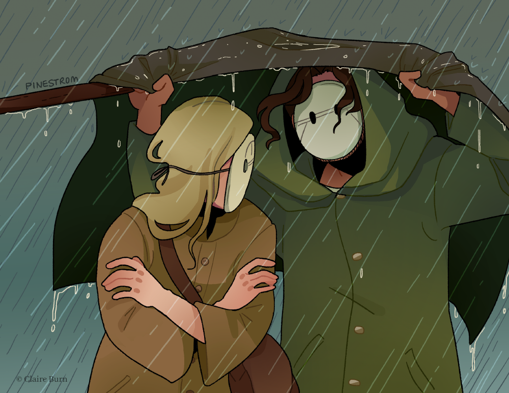 Two characters, both wearing masks over their faces, shelter from the rain under a tarp.