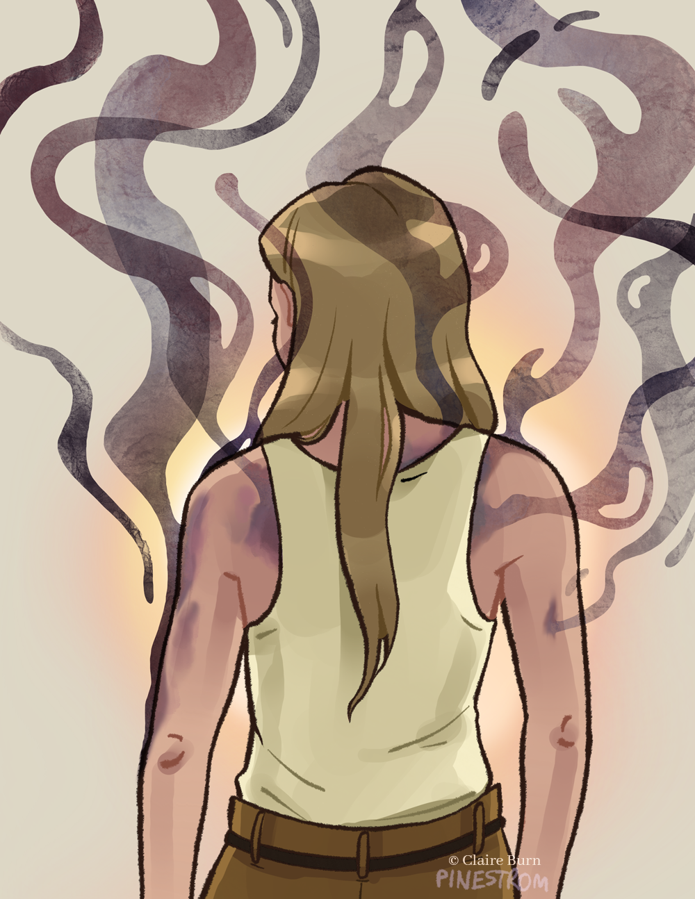 Illustration of a woman with long blonde hair, viewed from the back. She has bruises on her upper body that are emitting smoke.