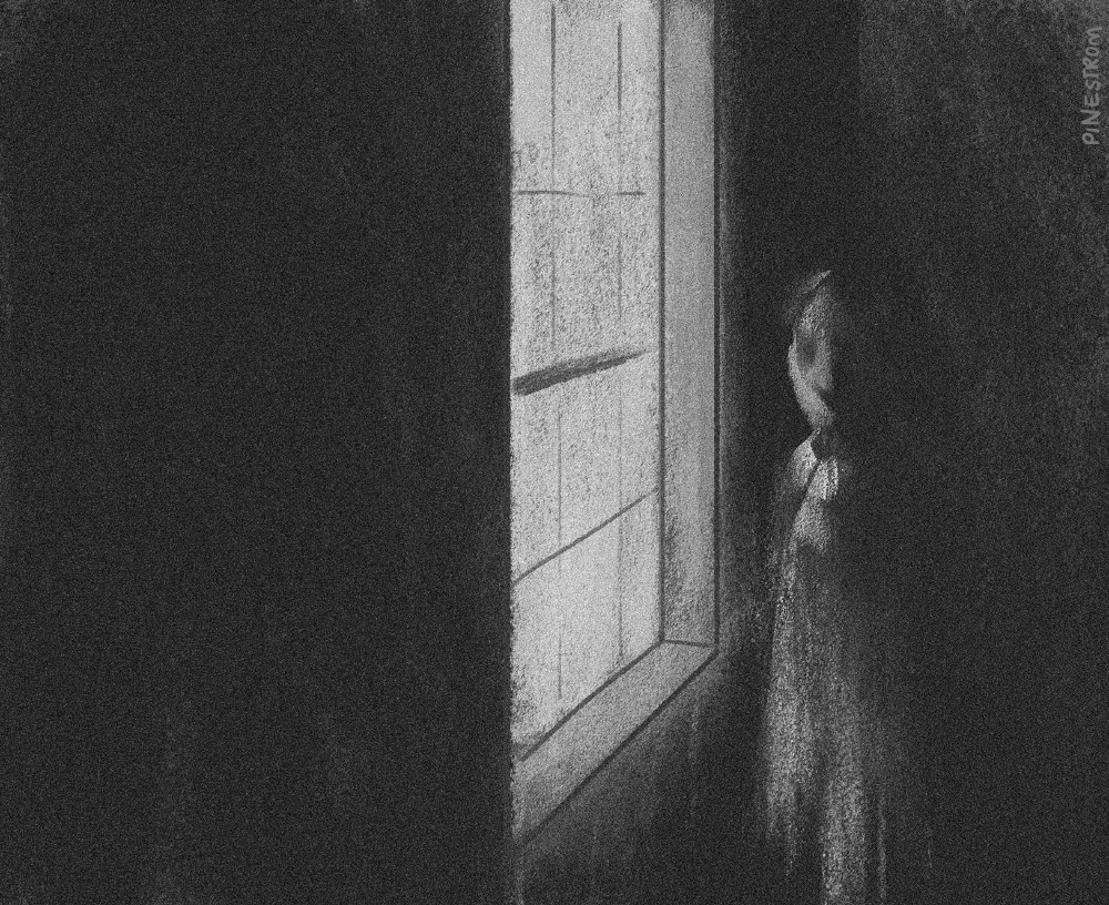 A vague, ghostly figure stands in front of a bright window in the corner of a dark room. Its head is turned towards the viewer.