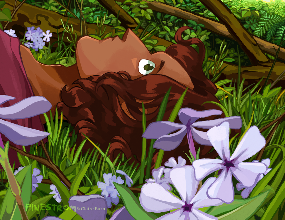 Painting of a boy with curly red hair lying down in the grass among purple flowers. There are fallen tree branches and lush plants in the background.