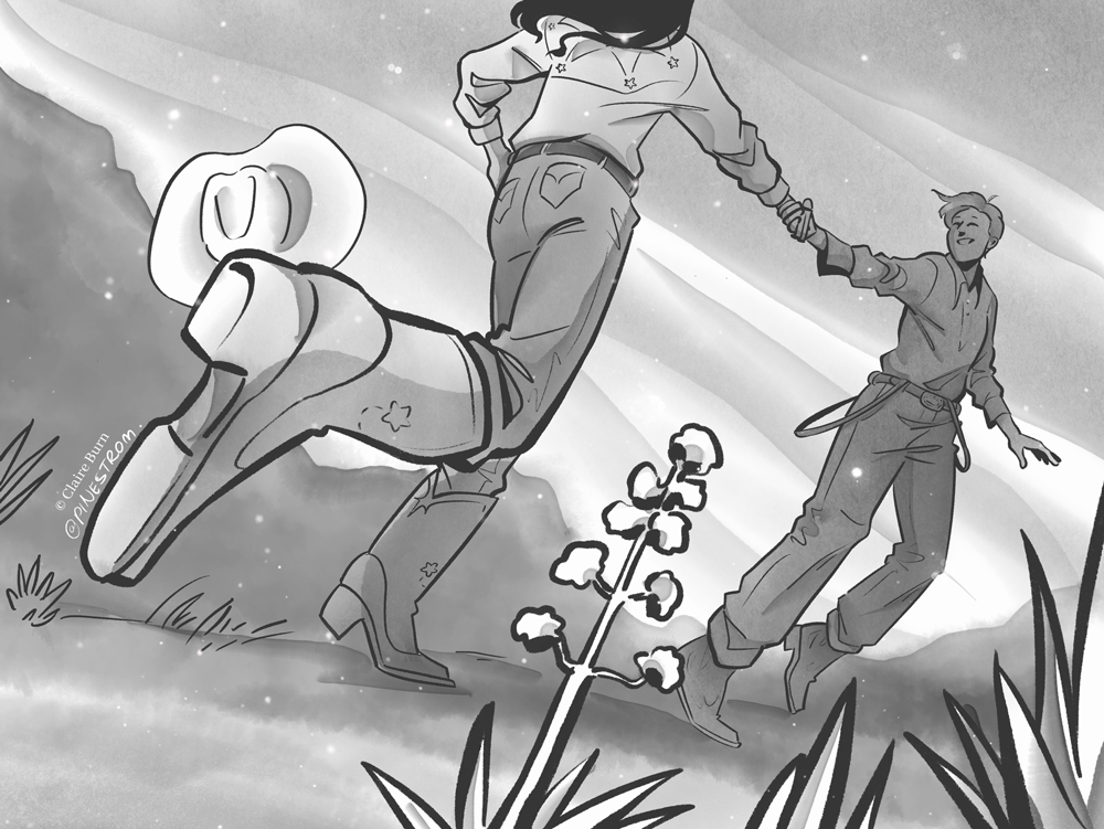 Monochromatic drawing of two cowboys as they jovially run off somewhere together.