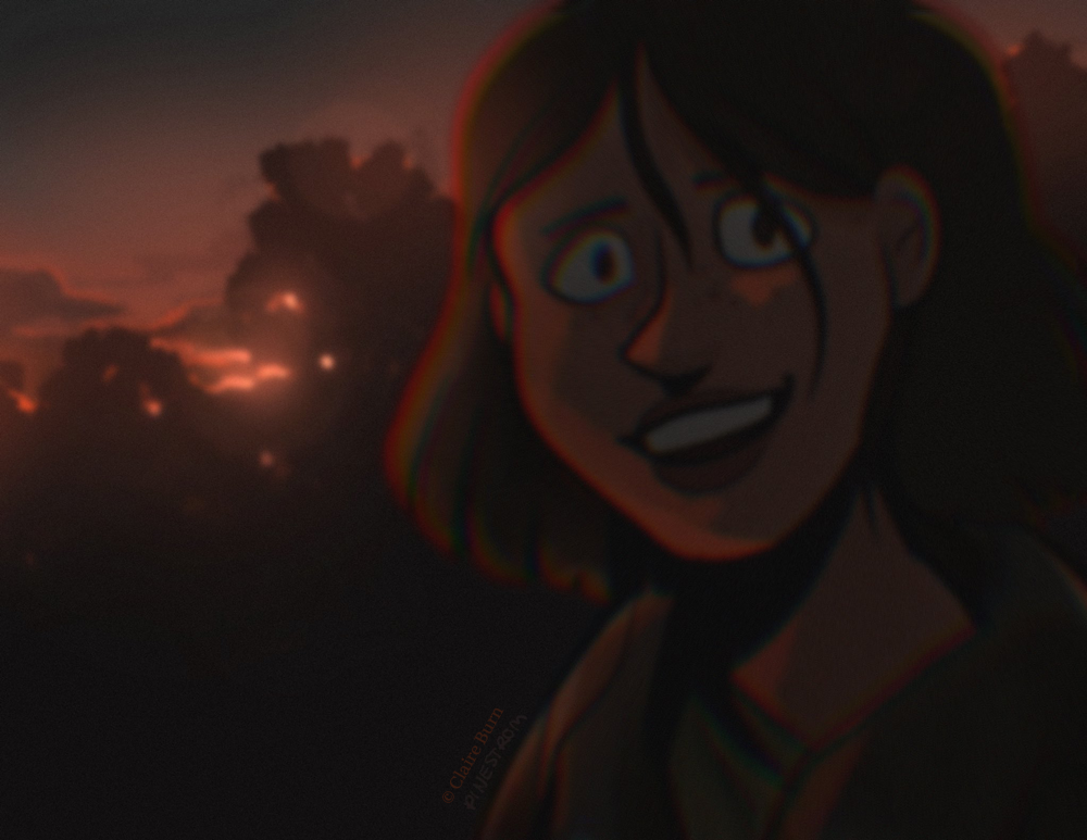 Blurry image of a character at sunset, smiling, while looking past the viewer. The sun is nearly set behind the trees, and the character is illuminated with a faint orange glow.