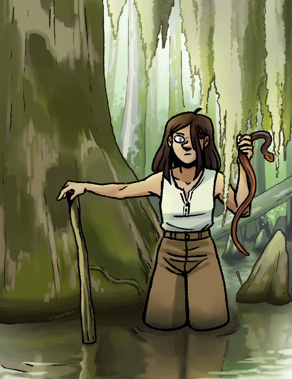 A girl stands in a cypress swamp, looking at the viewer while holding a snake in her left hand.