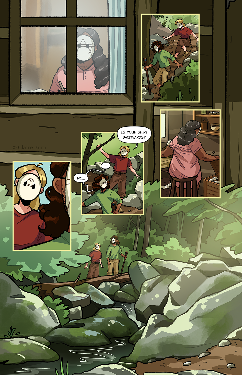 Zeporah watches Jon and Halla leave the house. They end up at a small rocky creek.
