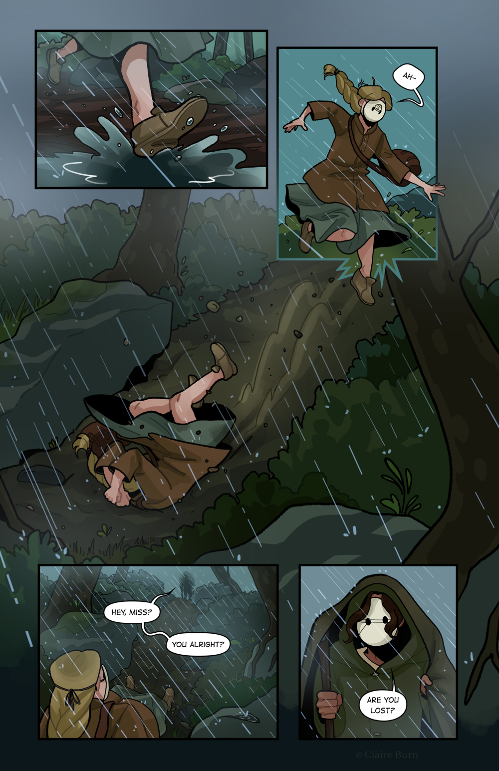 While running in a rainstorm, Halla falls down an embankment and is approached by a concerned man with a tarp (Jon).