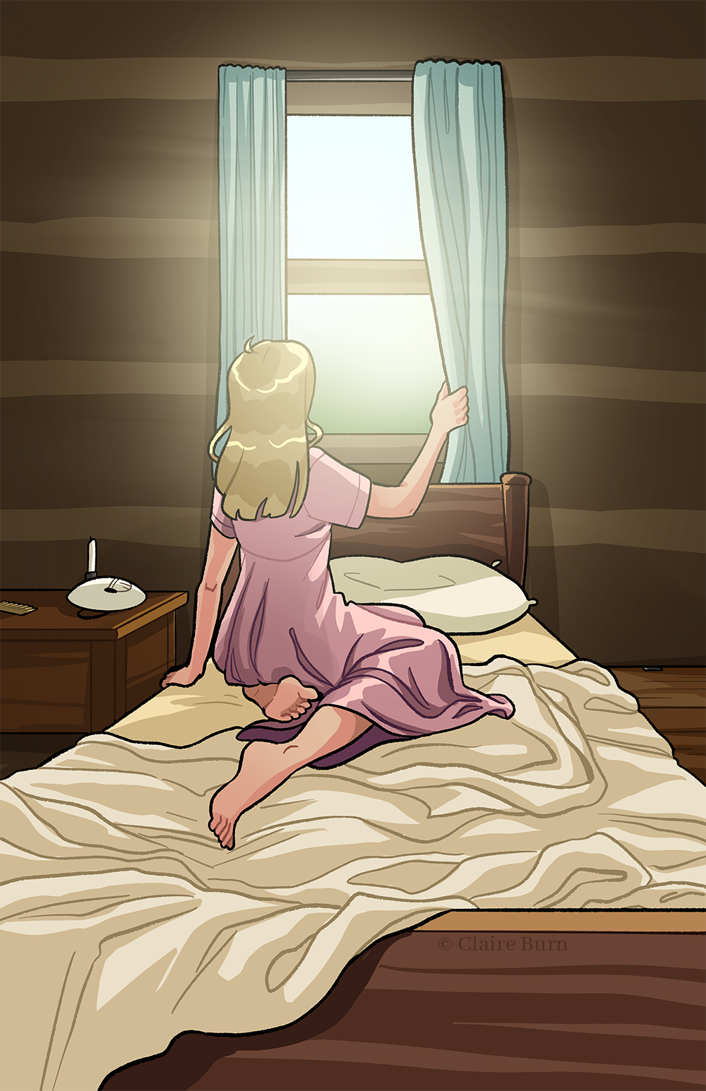 Halla sits up in bed and looks out the sunny window behind her.