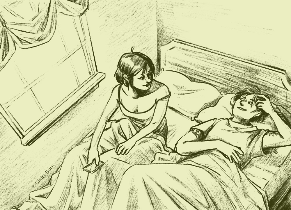 Two people are next to each other in bed. One is sitting up while holding their cell phone, looking down at the other person.