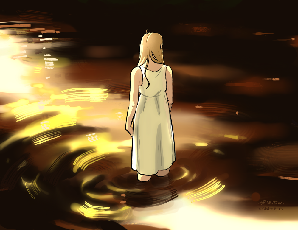 Blonde woman in a white gown stands ankle-deep in a creek.